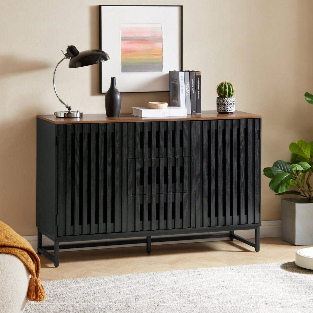 Modern 3 Drawer 4 Shelf Dresser with Slatted Doors Stylish MDF Storage Cabinet for Bedroom Living Room Office Image 4