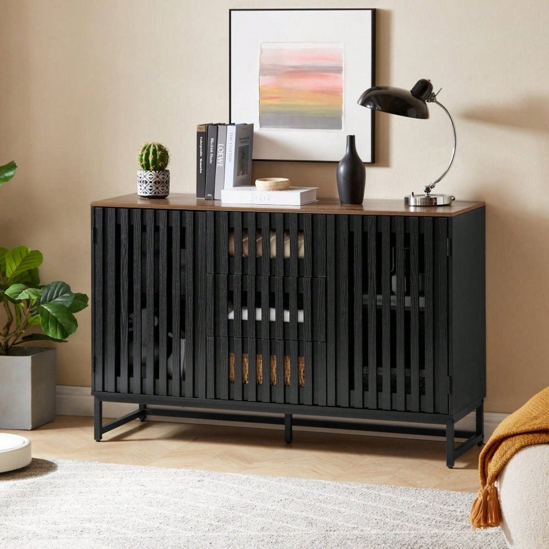 Modern 3 Drawer 4 Shelf Dresser with Slatted Doors Stylish MDF Storage Cabinet for Bedroom Living Room Office Image 6