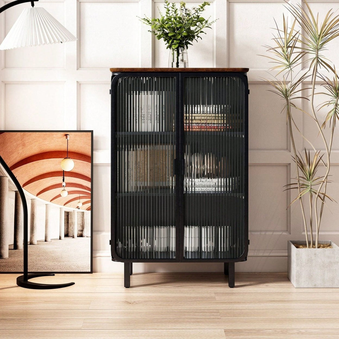 Modern 28.35 Inch Glass Door Cabinet with Three-Tier Storage Unique Fir Top for Entryway Living Room Home Office Dining Image 1