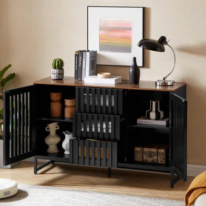 Modern 3 Drawer 4 Shelf Dresser with Slatted Doors Stylish MDF Storage Cabinet for Bedroom Living Room Office Image 7