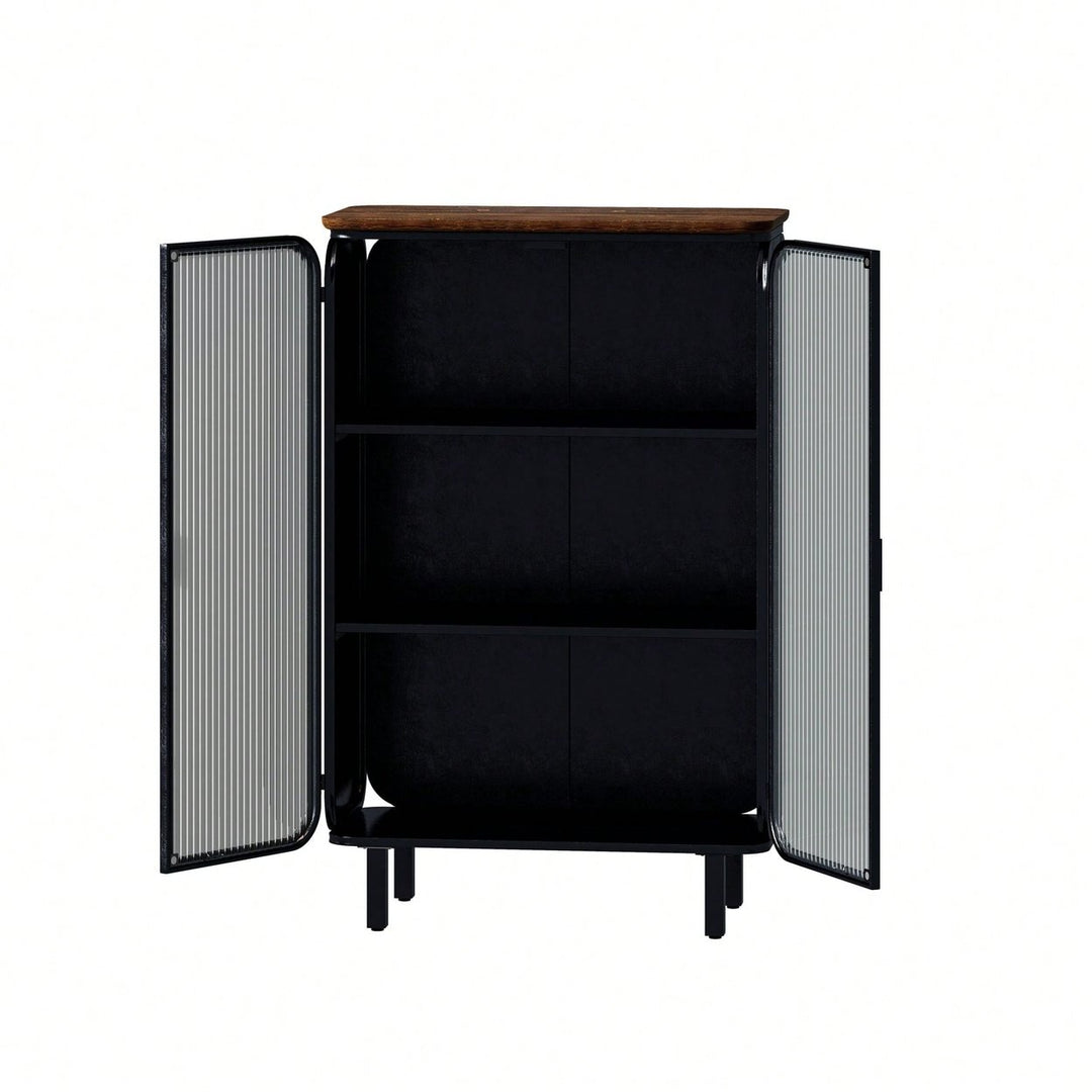 Modern 28.35 Inch Glass Door Cabinet with Three-Tier Storage Unique Fir Top for Entryway Living Room Home Office Dining Image 4