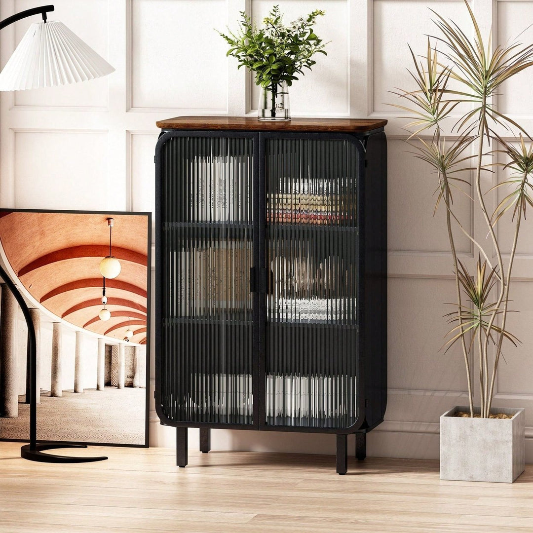 Modern 28.35 Inch Glass Door Cabinet with Three-Tier Storage Unique Fir Top for Entryway Living Room Home Office Dining Image 8