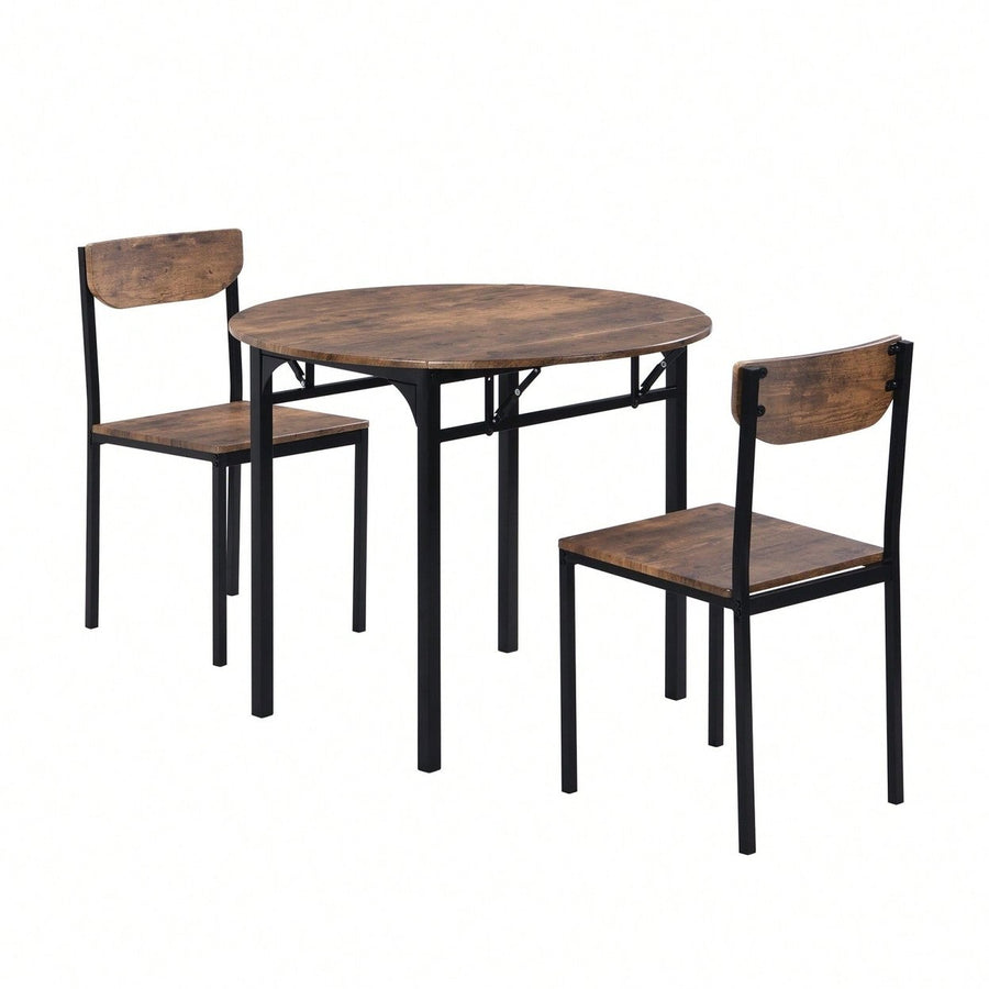 Modern 3-Piece Round Dining Table Set With Drop Leaf And 2 Chairs For Small Places,Black Frame+Rustic Brown Finish Image 1