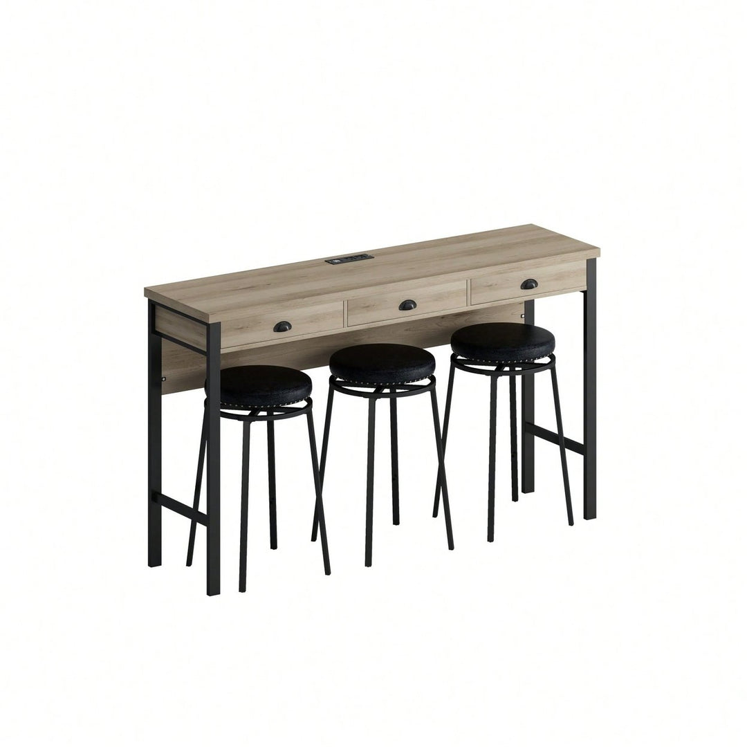 Modern 3-Drawer Dining Table Set with Power Outlets and Circular PU Stools for Kitchen or Bar in Brown Gray and Black Image 2