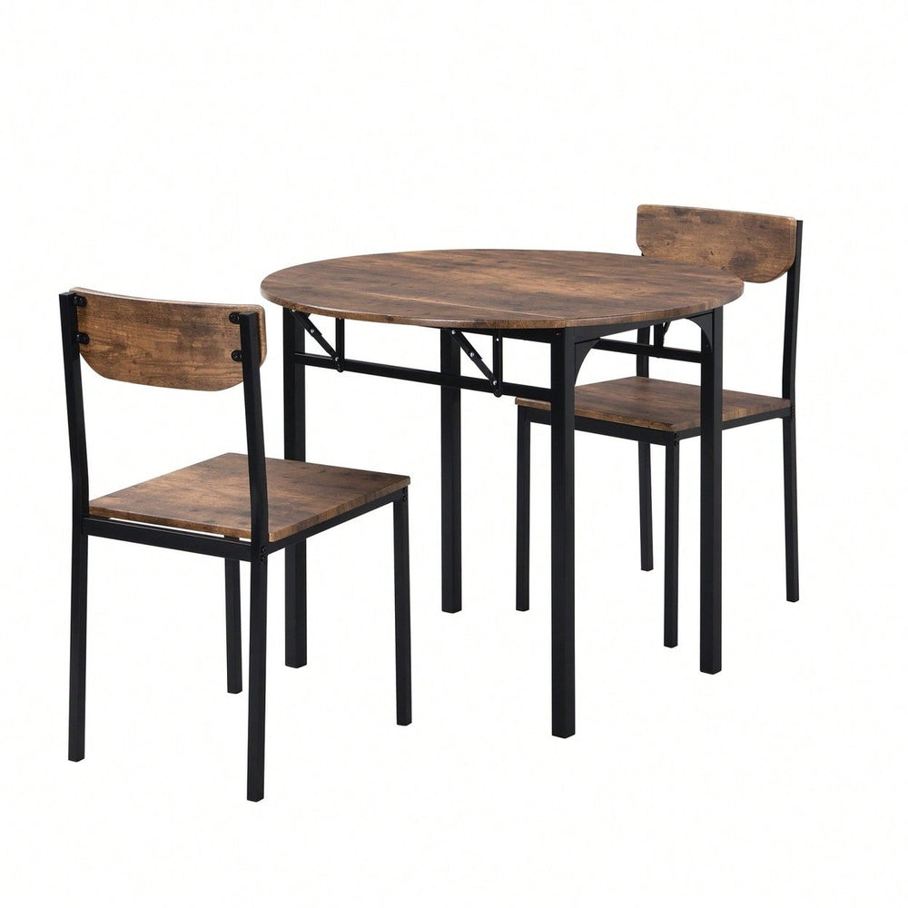 Modern 3-Piece Round Dining Table Set With Drop Leaf And 2 Chairs For Small Places,Black Frame+Rustic Brown Finish Image 2