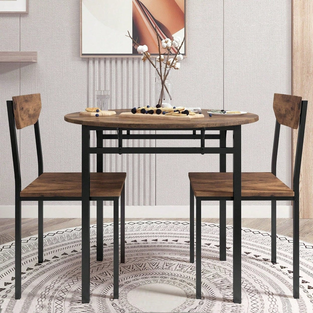 Modern 3-Piece Round Dining Table Set With Drop Leaf And 2 Chairs For Small Places,Black Frame+Rustic Brown Finish Image 3