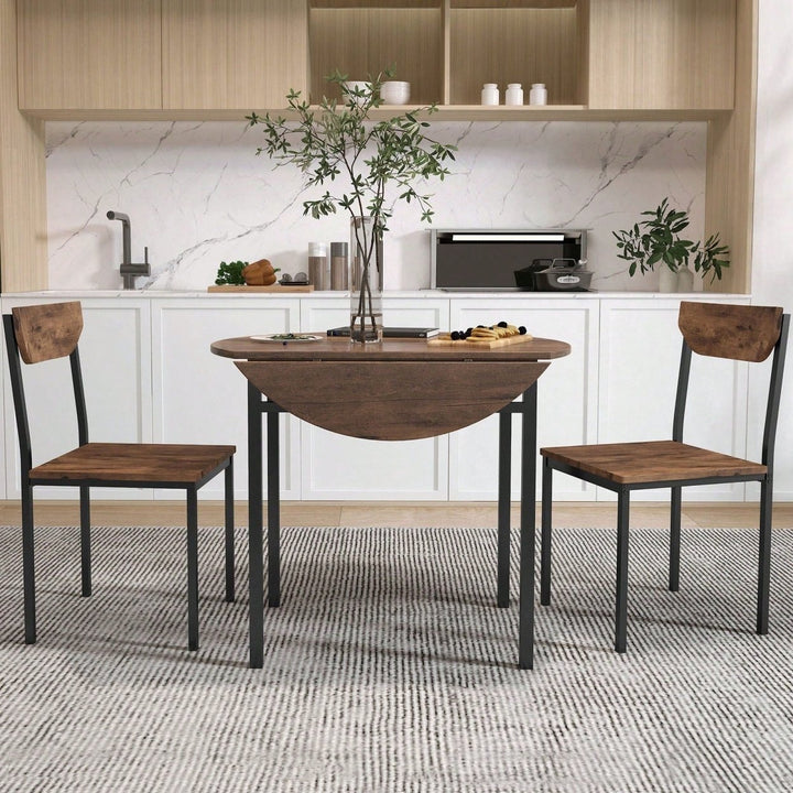 Modern 3-Piece Round Dining Table Set With Drop Leaf And 2 Chairs For Small Places,Black Frame+Rustic Brown Finish Image 4