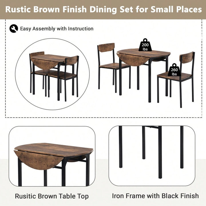 Modern 3-Piece Round Dining Table Set With Drop Leaf And 2 Chairs For Small Places,Black Frame+Rustic Brown Finish Image 5