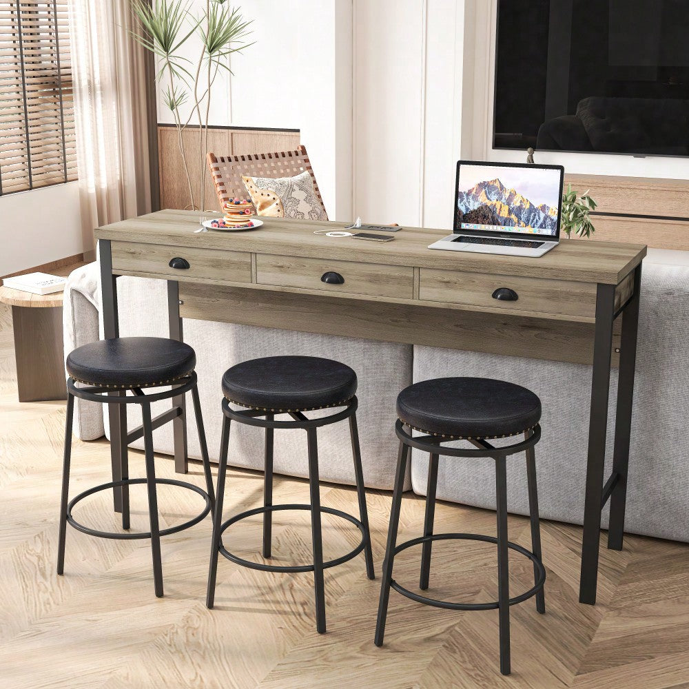 Modern 3-Drawer Dining Table Set with Power Outlets and Circular PU Stools for Kitchen or Bar in Brown Gray and Black Image 6