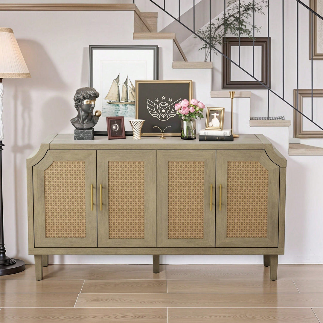 Modern 4-Door Rattan Cabinet For Living Room, Bedroom, And Office - Stylish Storage Solution With Easy Assembly Image 3