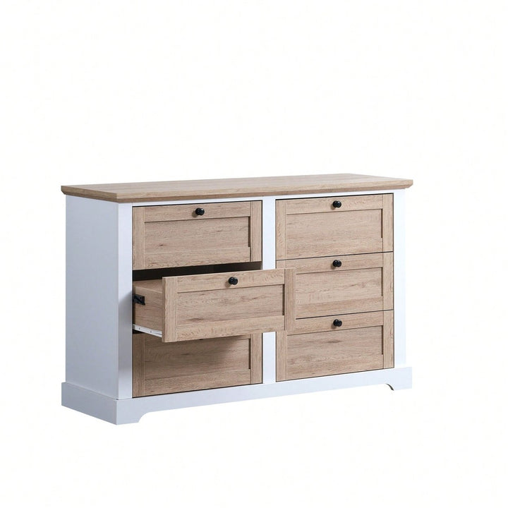 Modern 6-Drawer Dresser with Interlocking Design for Bedroom or Closet Easy Assembly Stylish White and Oak Finish Image 1