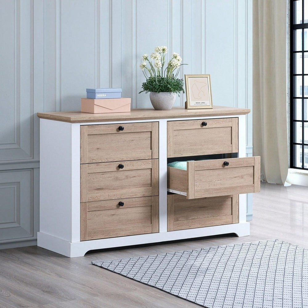 Modern 6-Drawer Dresser with Interlocking Design for Bedroom or Closet Easy Assembly Stylish White and Oak Finish Image 2