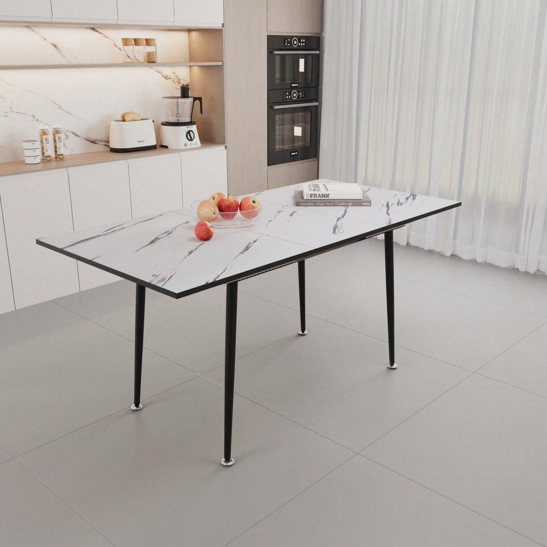 Modern 63 Inch MDF Square White Marble Pattern Dining Table with Tapered Black Metal Legs for Kitchen and Dining Room Image 3