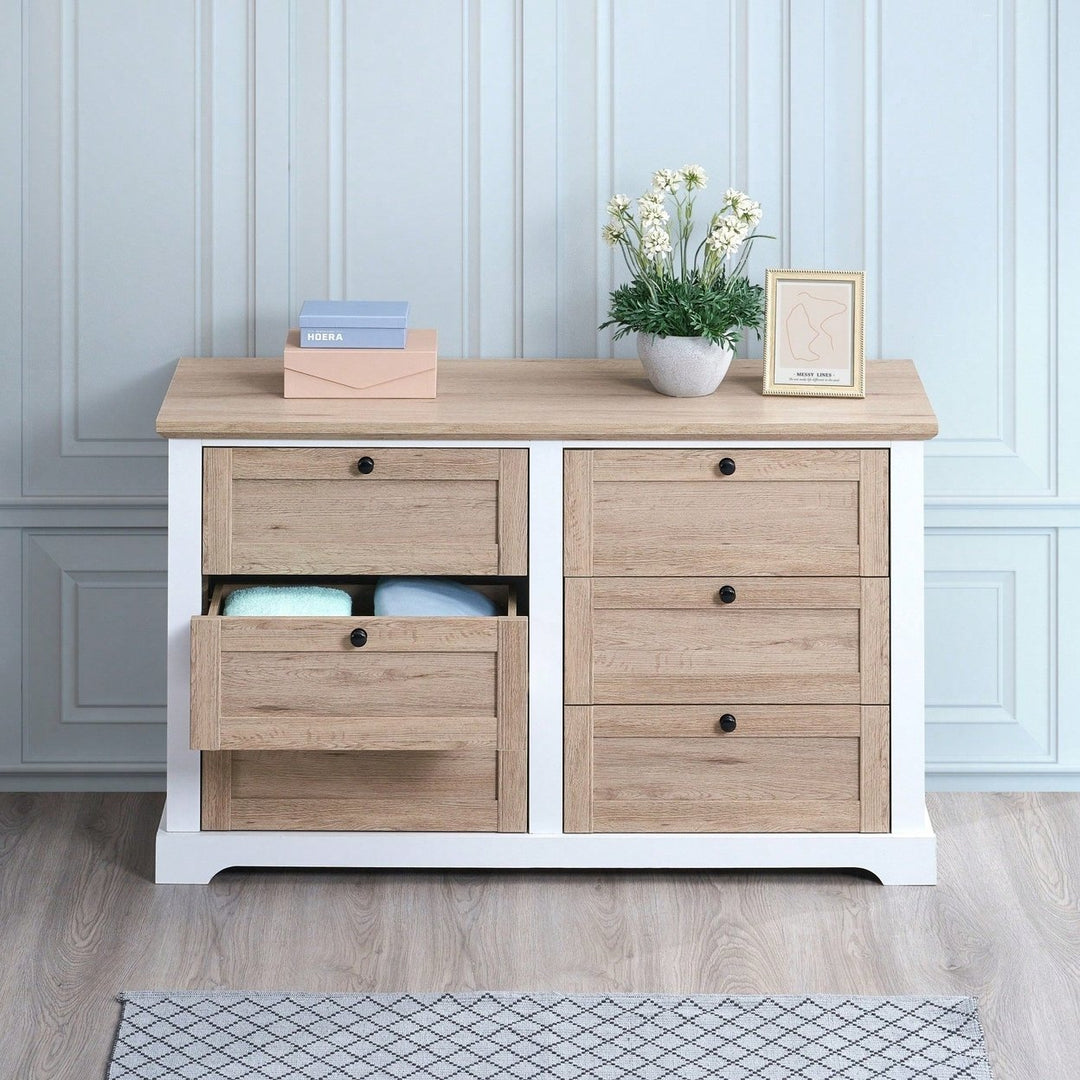 Modern 6-Drawer Dresser with Interlocking Design for Bedroom or Closet Easy Assembly Stylish White and Oak Finish Image 4