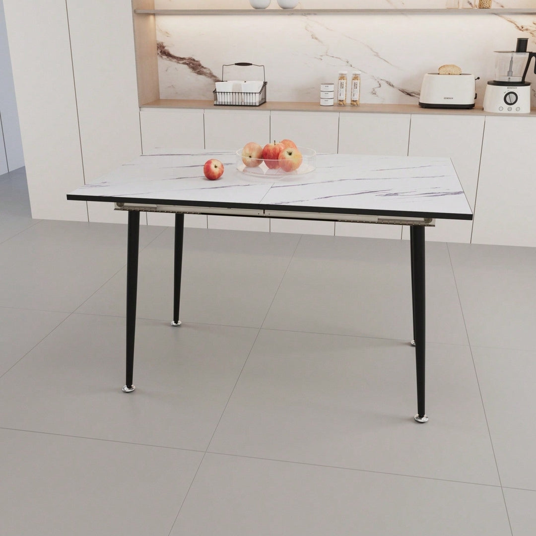 Modern 63 Inch MDF Square White Marble Pattern Dining Table with Tapered Black Metal Legs for Kitchen and Dining Room Image 5