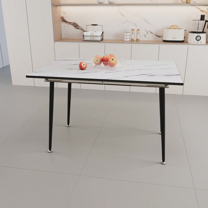 Modern 63 Inch MDF Square White Marble Pattern Dining Table with Tapered Black Metal Legs for Kitchen and Dining Room Image 5