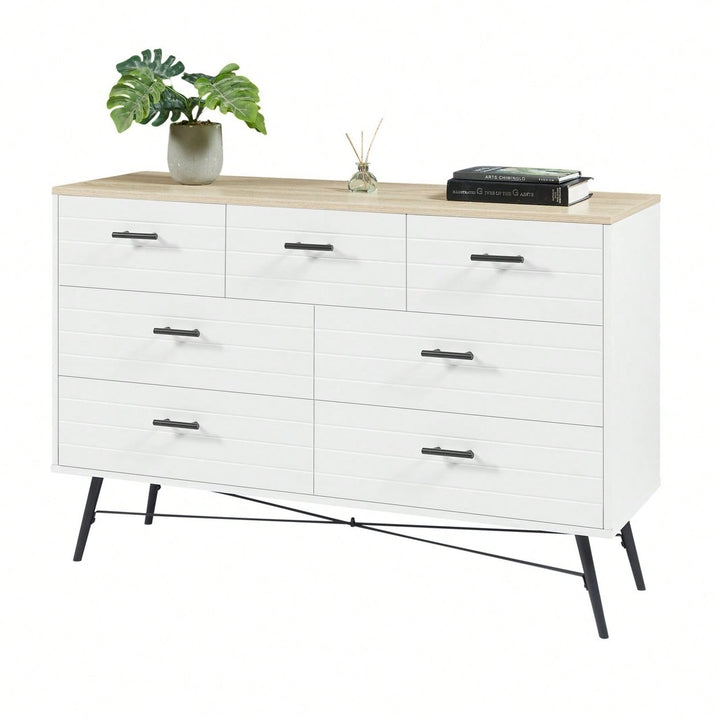 Modern 7 Drawer White and Oak Dresser with Deep Drawers for Bedroom and Living Room Storage 47.2W x 15.7D x 31.5H Image 1