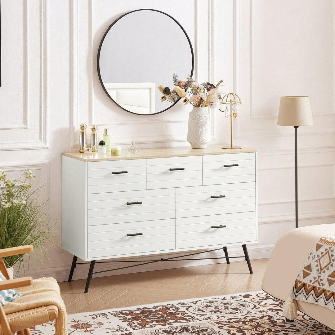 Modern 7 Drawer White and Oak Dresser with Deep Drawers for Bedroom and Living Room Storage 47.2W x 15.7D x 31.5H Image 2