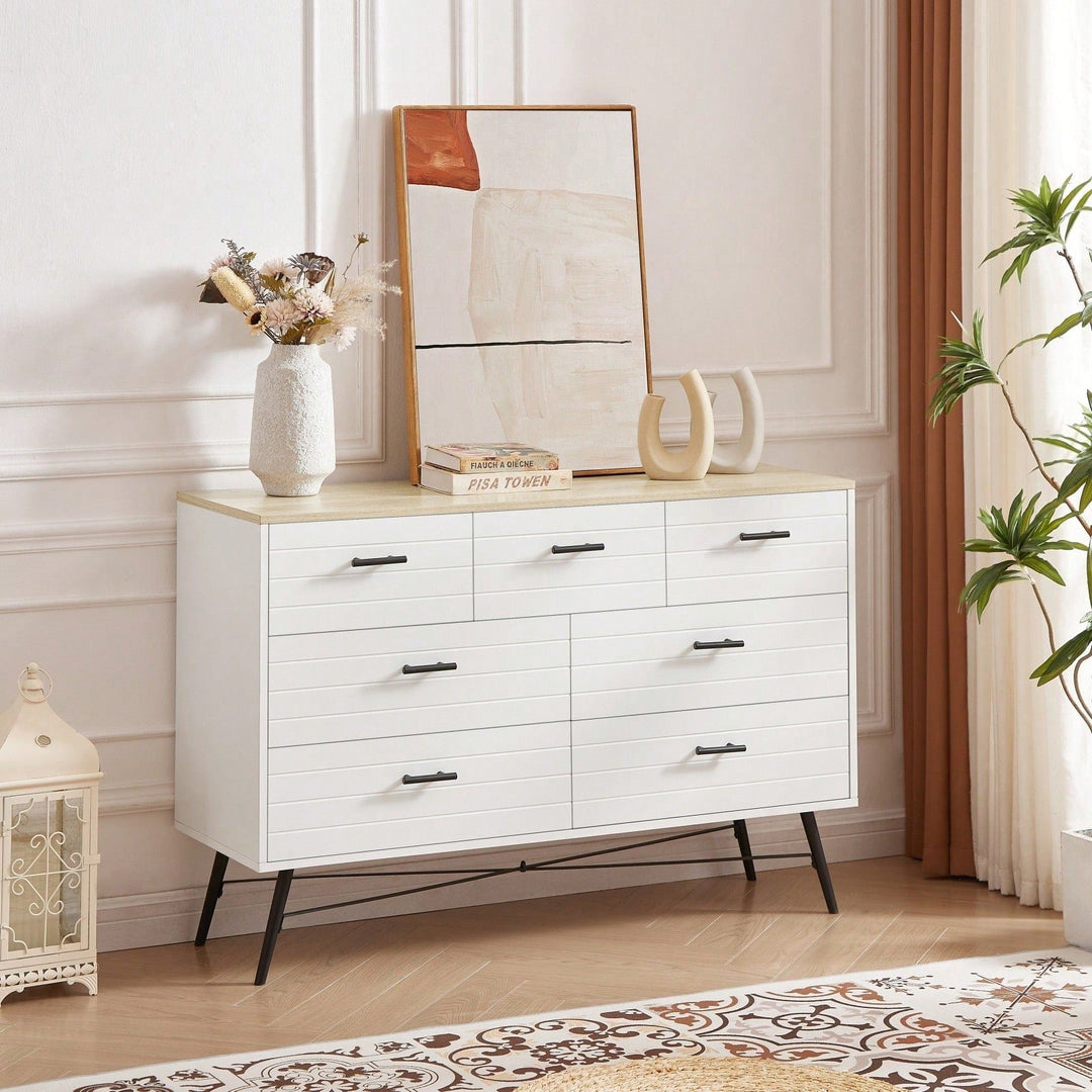 Modern 7 Drawer White and Oak Dresser with Deep Drawers for Bedroom and Living Room Storage 47.2W x 15.7D x 31.5H Image 3