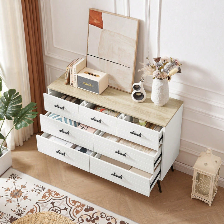 Modern 7 Drawer White and Oak Dresser with Deep Drawers for Bedroom and Living Room Storage 47.2W x 15.7D x 31.5H Image 4