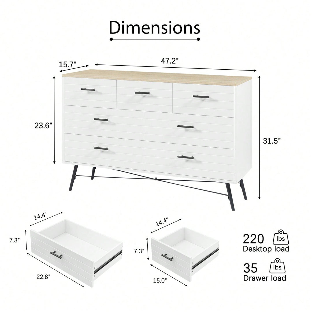 Modern 7 Drawer White and Oak Dresser with Deep Drawers for Bedroom and Living Room Storage 47.2W x 15.7D x 31.5H Image 5