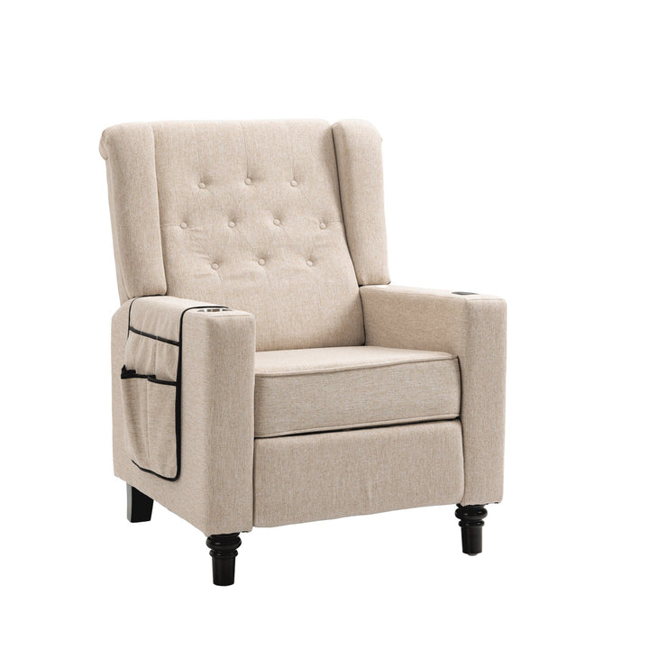 Modern Button Tufted Wingback Recliner Chair - Pushback Manual Living Room Seating, Fabric Single Reclining Sofa, Khaki Image 5