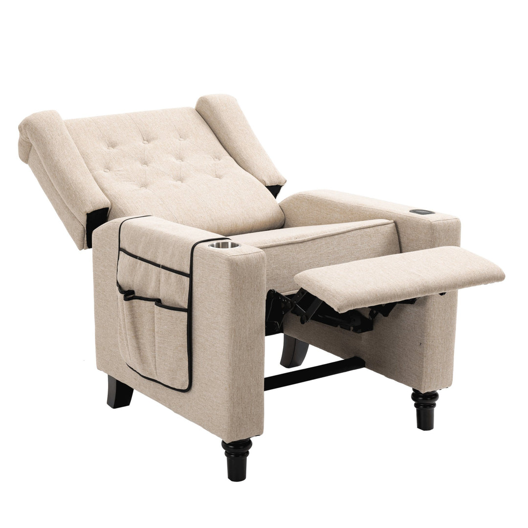 Modern Button Tufted Wingback Recliner Chair - Pushback Manual Living Room Seating, Fabric Single Reclining Sofa, Khaki Image 7