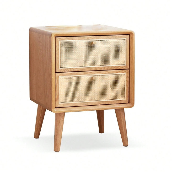 Mid Century Modern Solid Wood Nightstand with Rattan Drawer and High Legs Durable Oak Bedside Table Image 1