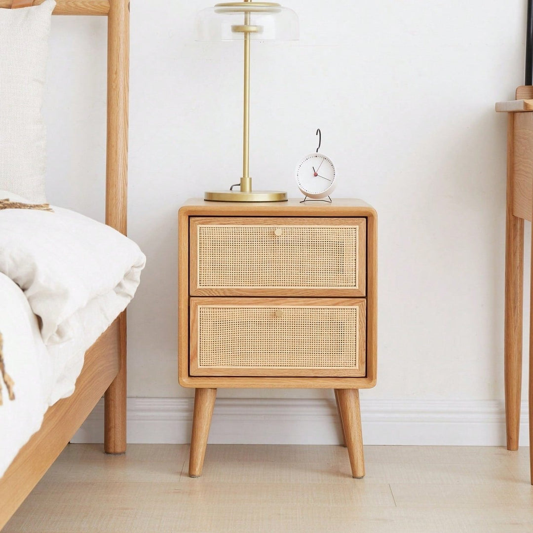 Mid Century Modern Solid Wood Nightstand with Rattan Drawer and High Legs Durable Oak Bedside Table Image 2