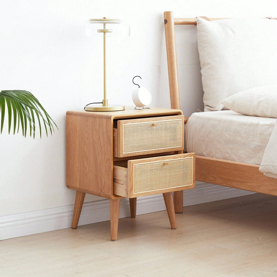 Mid Century Modern Solid Wood Nightstand with Rattan Drawer and High Legs Durable Oak Bedside Table Image 3