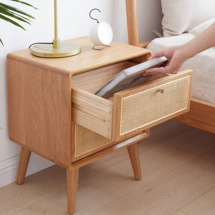 Mid Century Modern Solid Wood Nightstand with Rattan Drawer and High Legs Durable Oak Bedside Table Image 4