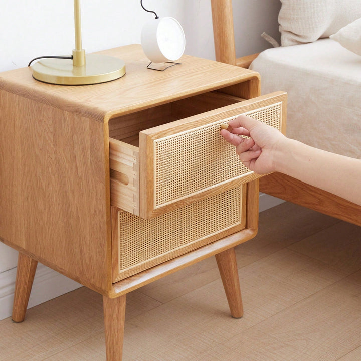 Mid Century Modern Solid Wood Nightstand with Rattan Drawer and High Legs Durable Oak Bedside Table Image 5