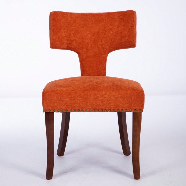 Mid Century Modern Upholstered Dining Chairs Set of 2 Curved Backrest Copper Nail Trim Vibrant Orange Hardwood Frame Image 2