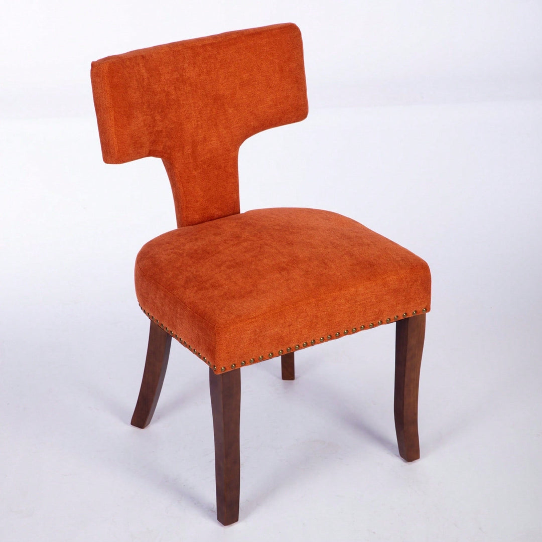 Mid Century Modern Upholstered Dining Chairs Set of 2 Curved Backrest Copper Nail Trim Vibrant Orange Hardwood Frame Image 4