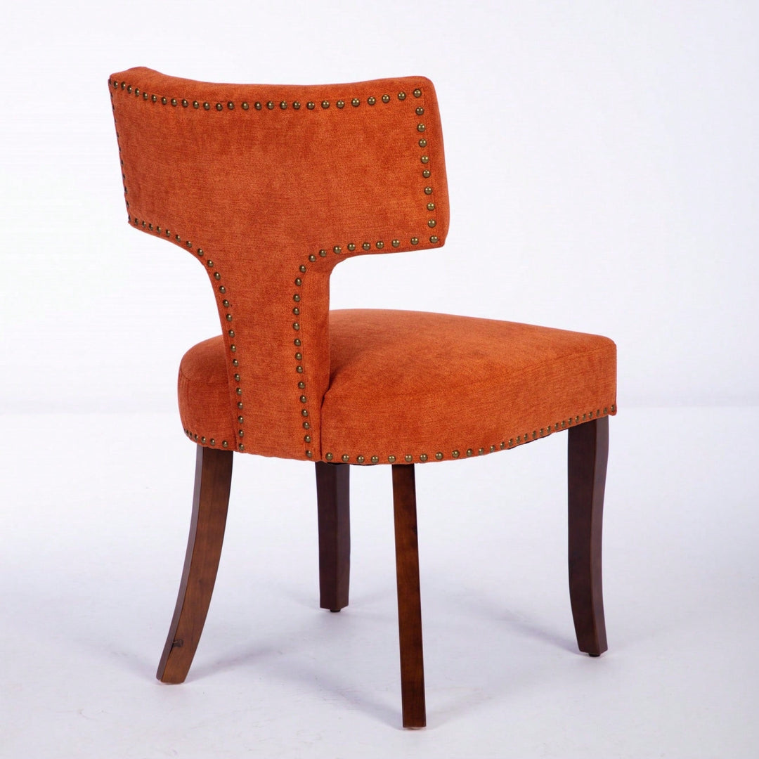 Mid Century Modern Upholstered Dining Chairs Set of 2 Curved Backrest Copper Nail Trim Vibrant Orange Hardwood Frame Image 6