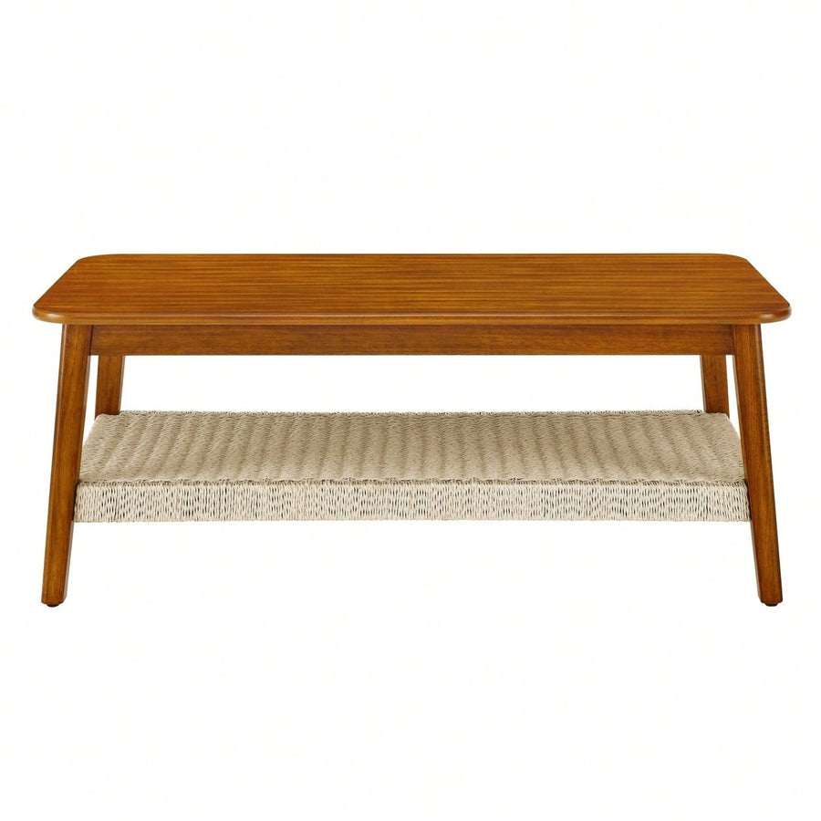 Mid-Century Boho Rattan Coffee Table with Storage 47 Inch Vintage Wooden Low Table for Living Room Bedroom Patio Image 1