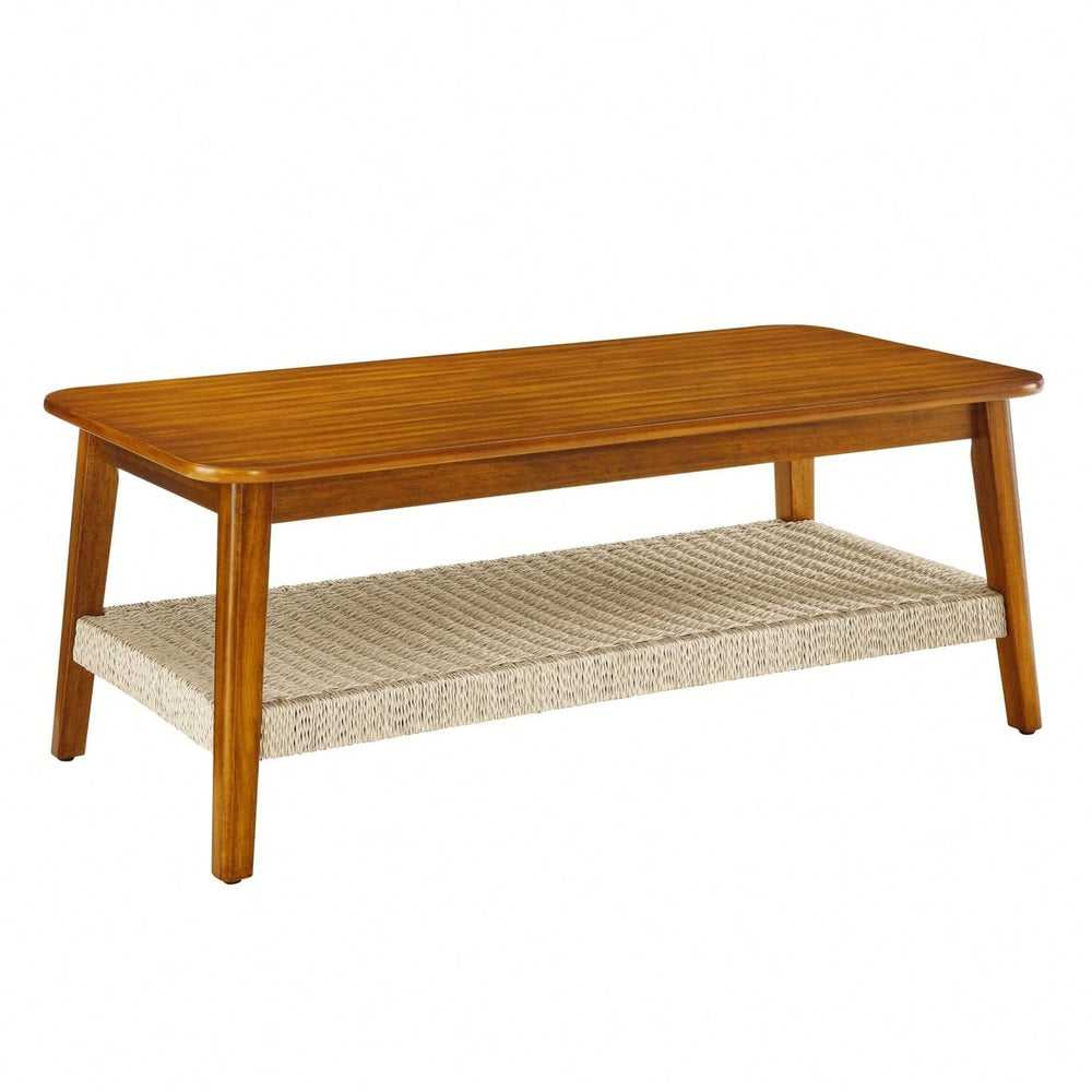 Mid-Century Boho Rattan Coffee Table with Storage 47 Inch Vintage Wooden Low Table for Living Room Bedroom Patio Image 2