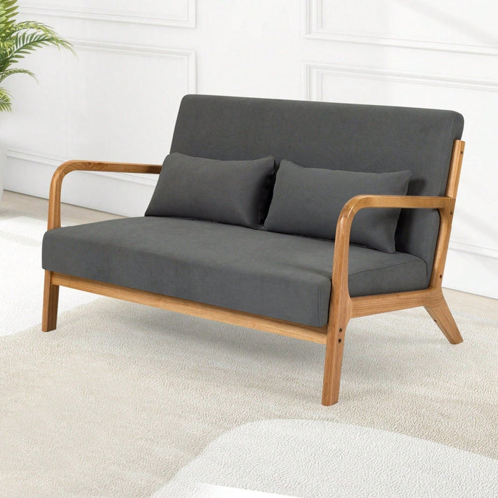 Mid-Century Modern 2-Seat Leisure Chair with Solid Wood Armrests High-Density Sponge Linen Fabric Accent Sofa for Living Image 4