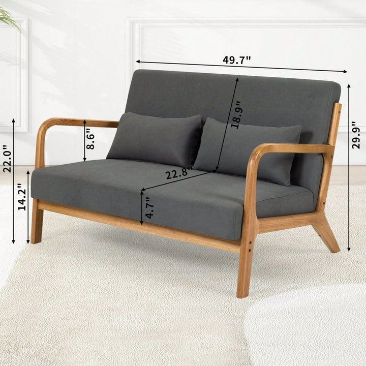 Mid-Century Modern 2-Seat Leisure Chair with Solid Wood Armrests High-Density Sponge Linen Fabric Accent Sofa for Living Image 5