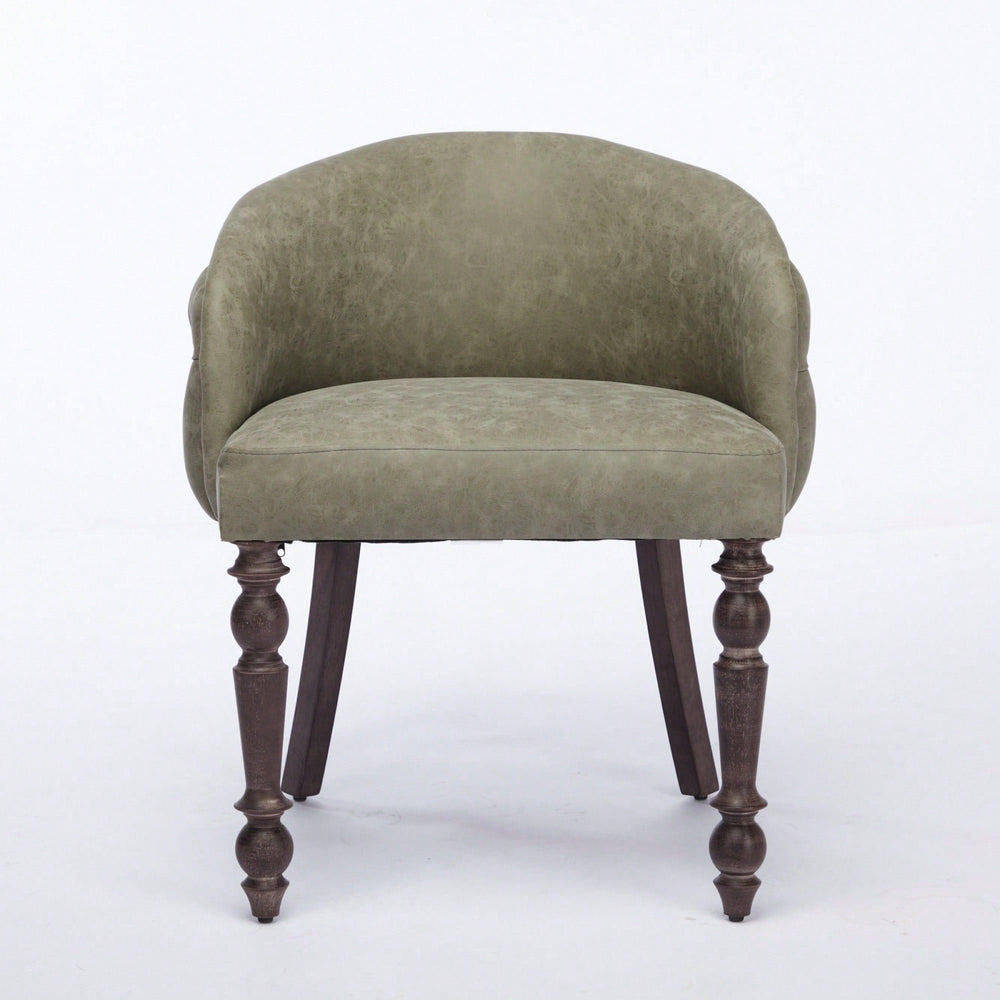 Mid-Century Modern Accent Chair With Hand-Pulled Buckle Detail - Olive Green PU Upholstery And Solid Wood Arms For Image 2