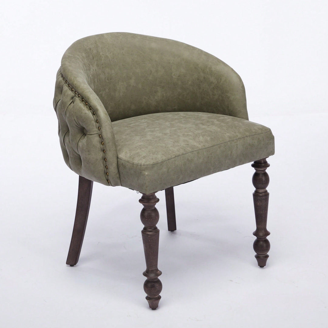 Mid-Century Modern Accent Chair With Hand-Pulled Buckle Detail - Olive Green PU Upholstery And Solid Wood Arms For Image 3