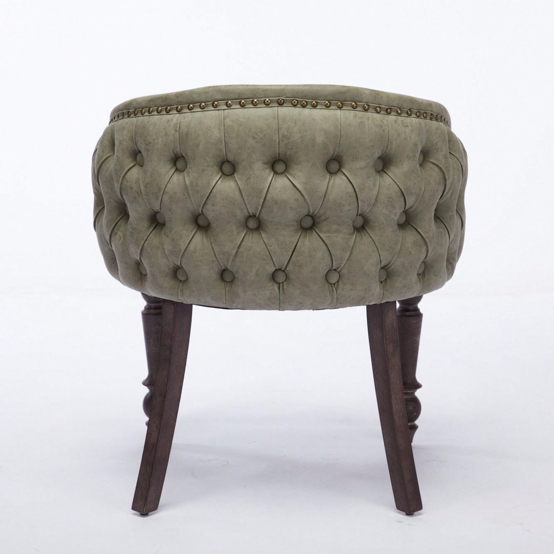 Mid-Century Modern Accent Chair With Hand-Pulled Buckle Detail - Olive Green PU Upholstery And Solid Wood Arms For Image 7