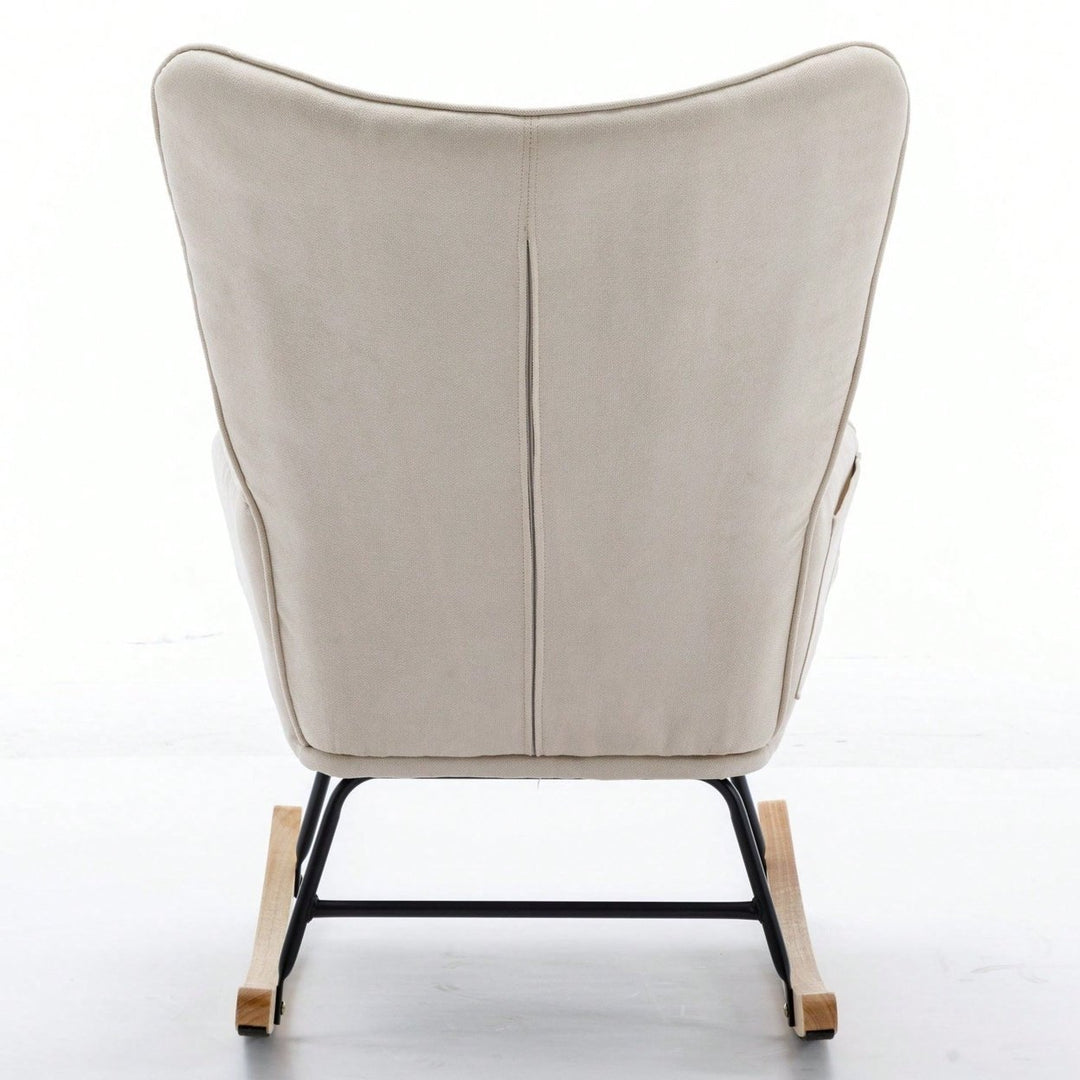 Mid-Century Modern Accent Chair with Solid Wood Arms and Legs Comfy Fabric Sofa for Living Room Bedroom Studio Image 6