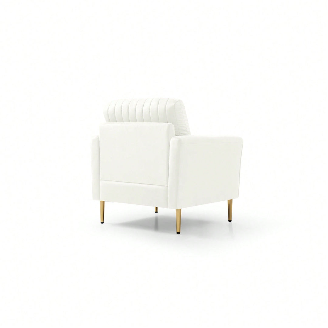 Mid-Century Modern Cream Velvet Accent Chair Comfortable Upholstered Armchair For Living Room Bedroom With Channel Image 1