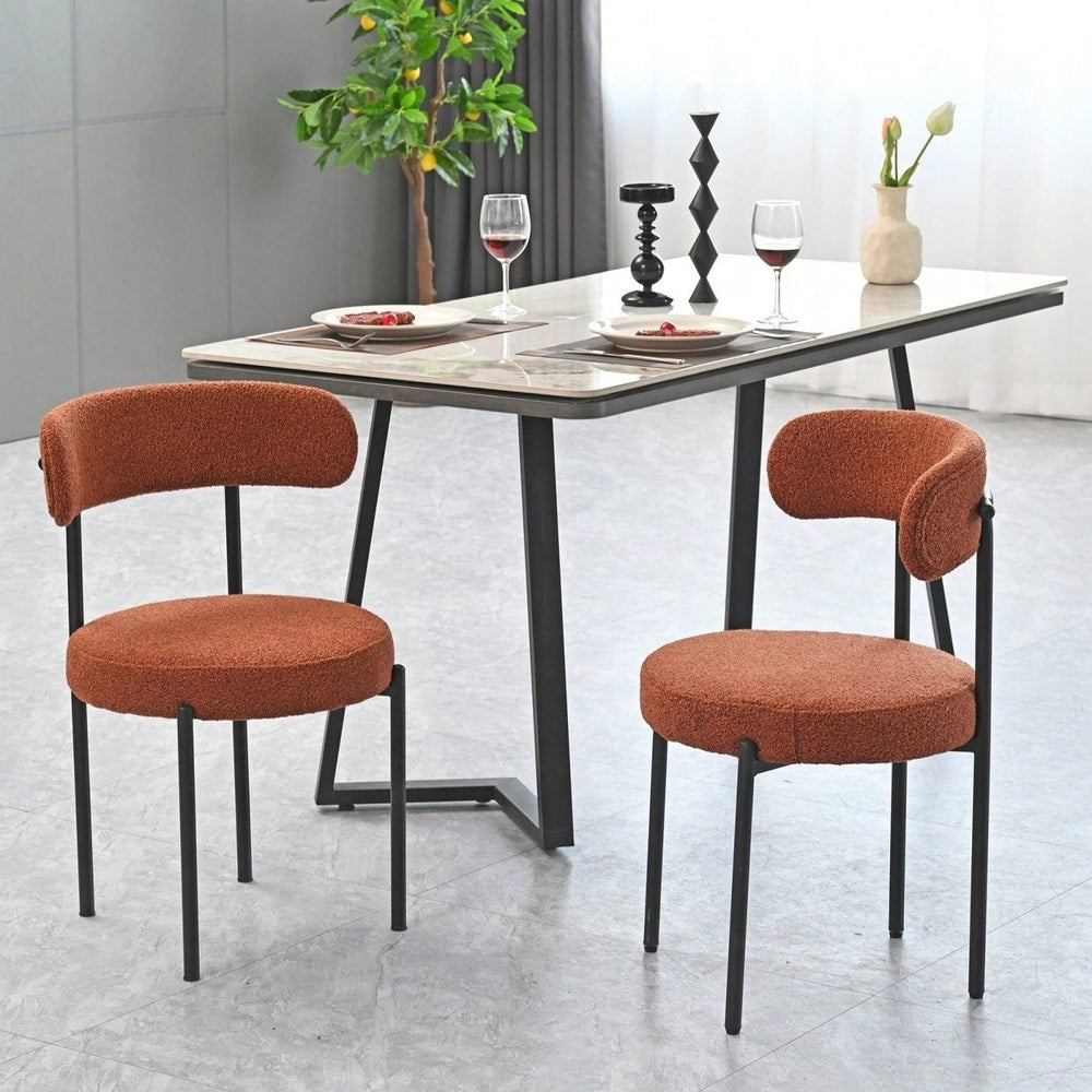 Mid-Century Modern Boucle Dining Chairs Set of 2 Curved Backrest Upholstered Brown Velvet with Metal Legs for Home Image 2