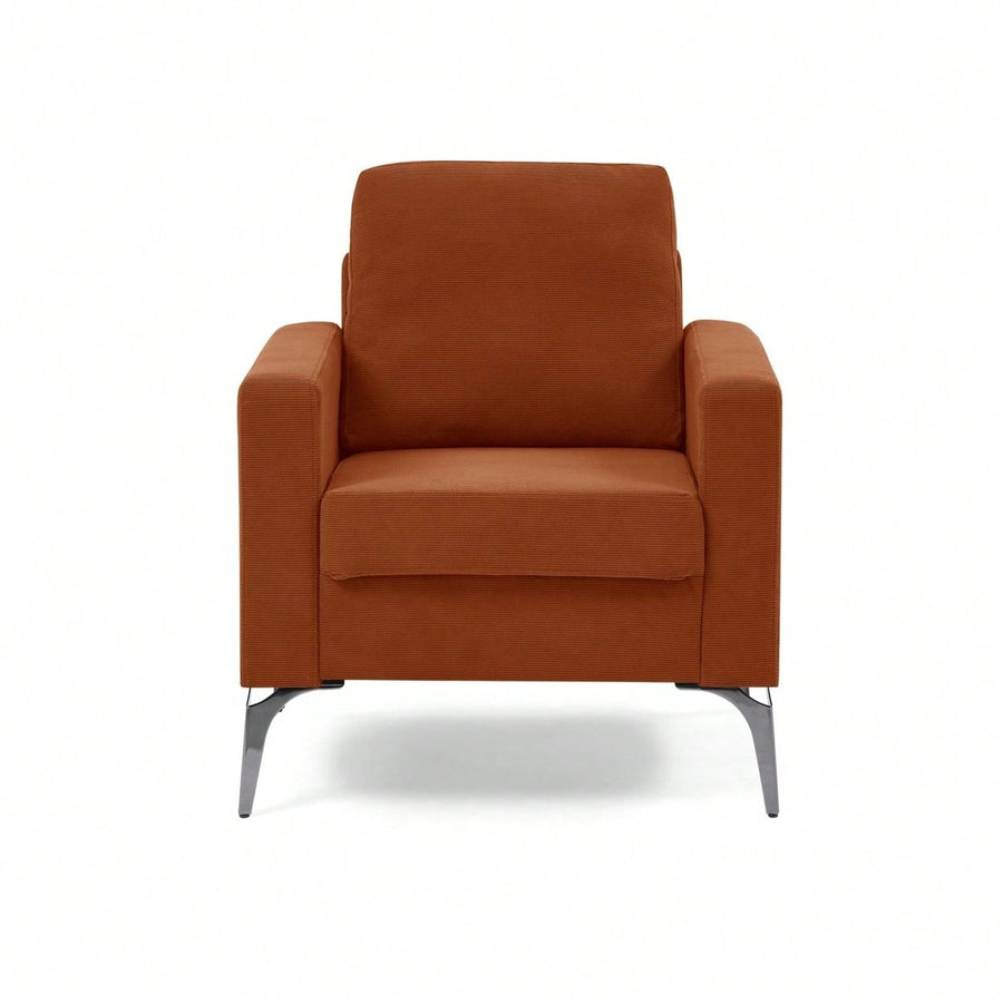 Mid-Century Modern Orange Corduroy Armchair with Square Arms and Metal Legs for Living Room Bedroom Office Image 1