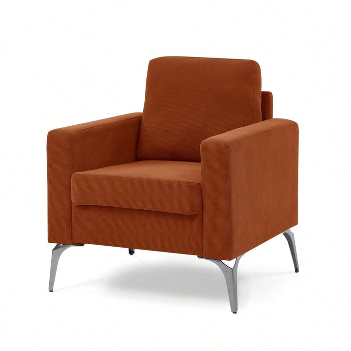 Mid-Century Modern Orange Corduroy Armchair with Square Arms and Metal Legs for Living Room Bedroom Office Image 2