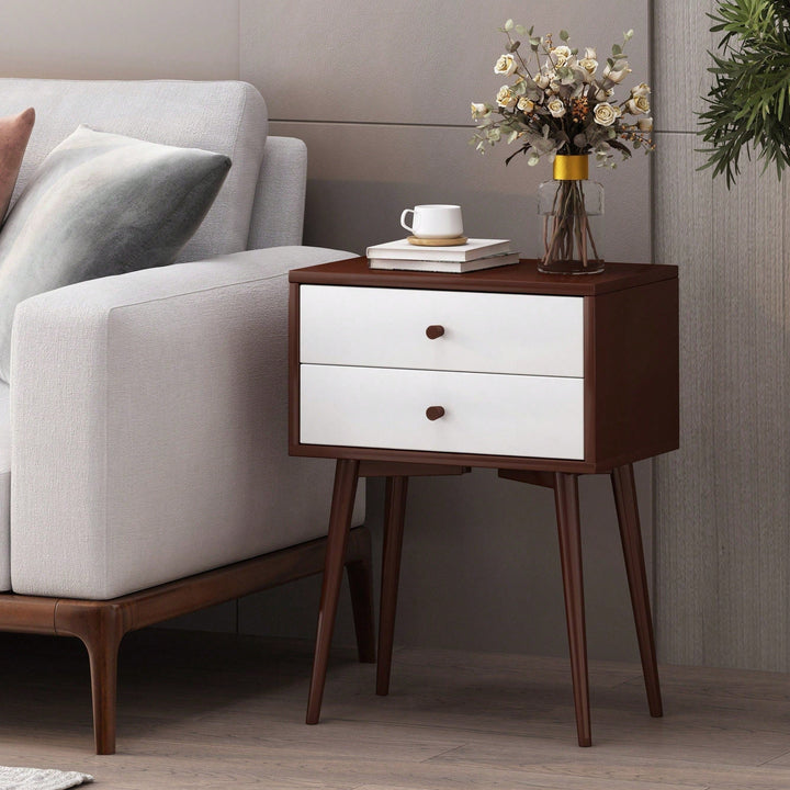 Mid-Century Modern Side Table With Rubberwood Legs And Two Drawers In Brown And White Finish Image 1