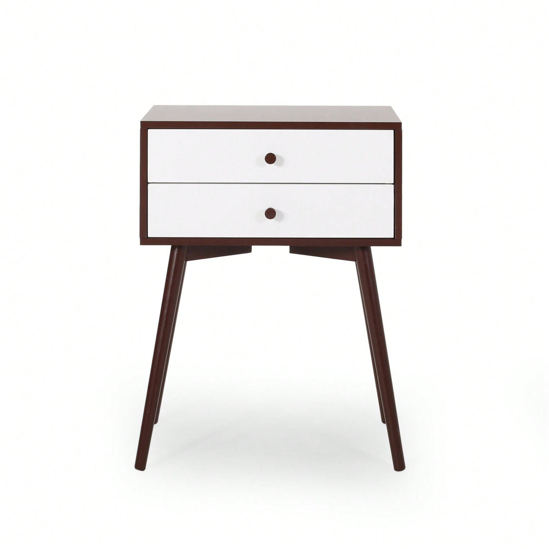 Mid-Century Modern Side Table With Rubberwood Legs And Two Drawers In Brown And White Finish Image 2