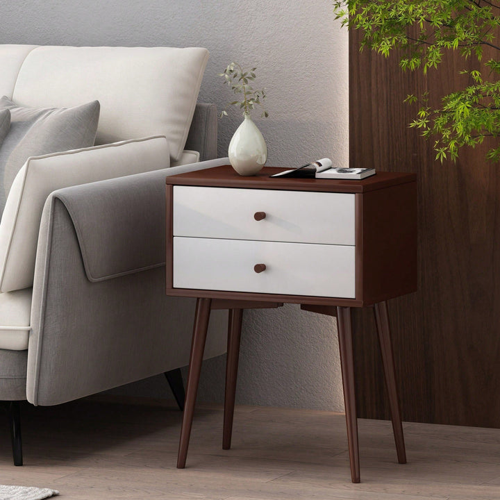 Mid-Century Modern Side Table With Rubberwood Legs And Two Drawers In Brown And White Finish Image 3